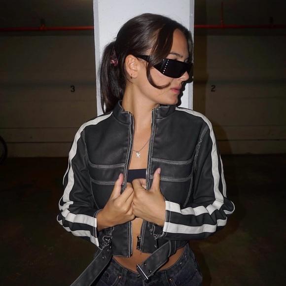 Urban Outfitters Jackets & Blazers - Cropped Moto Jacket with White Racing Stripes